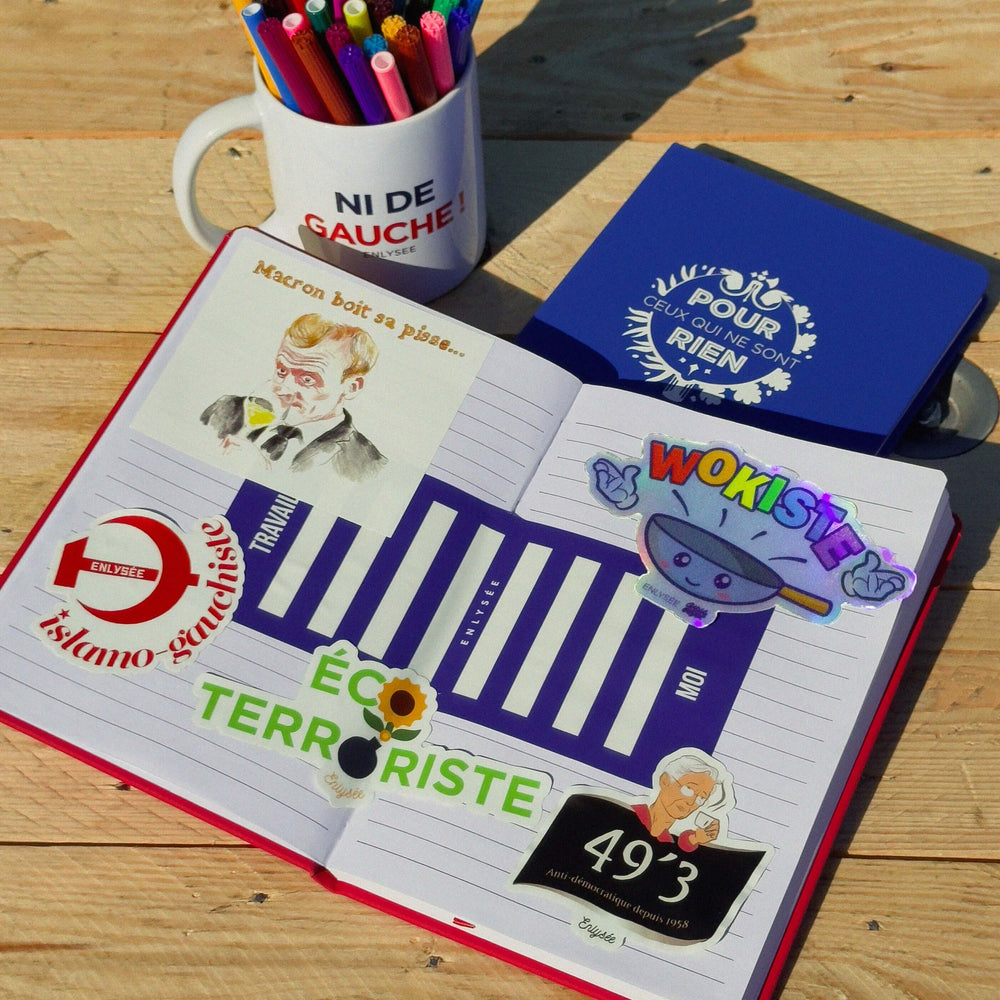 Pack de 6 stickers Enlysee sur un carnet de notes