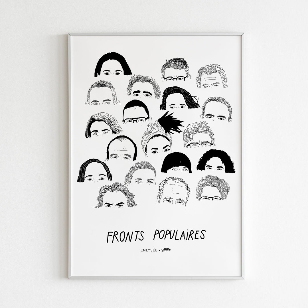 Poster blanc des Fronts Populaires dessinés en noir par Superfeat