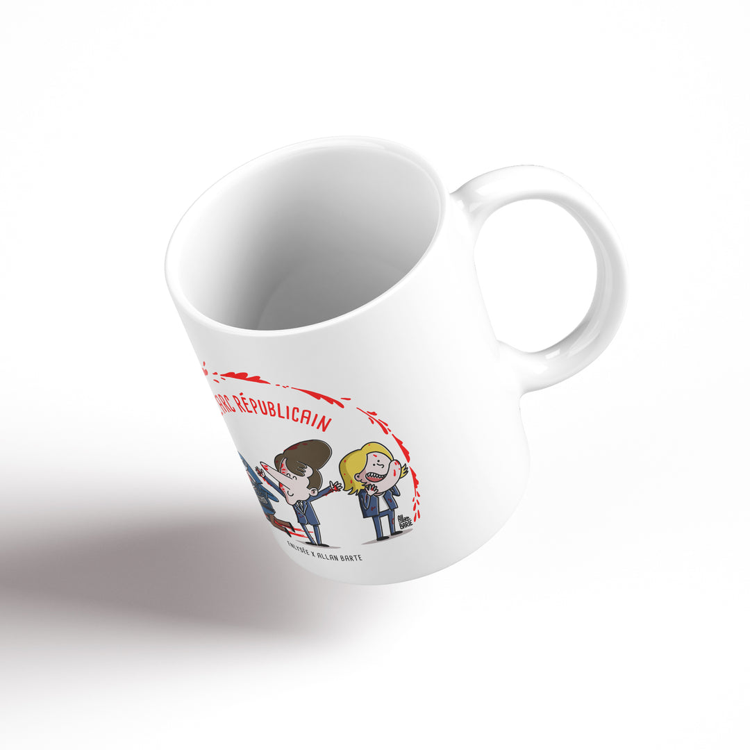 vue de plongée du mug de l'arc républicain avec macron Lepen et un policier