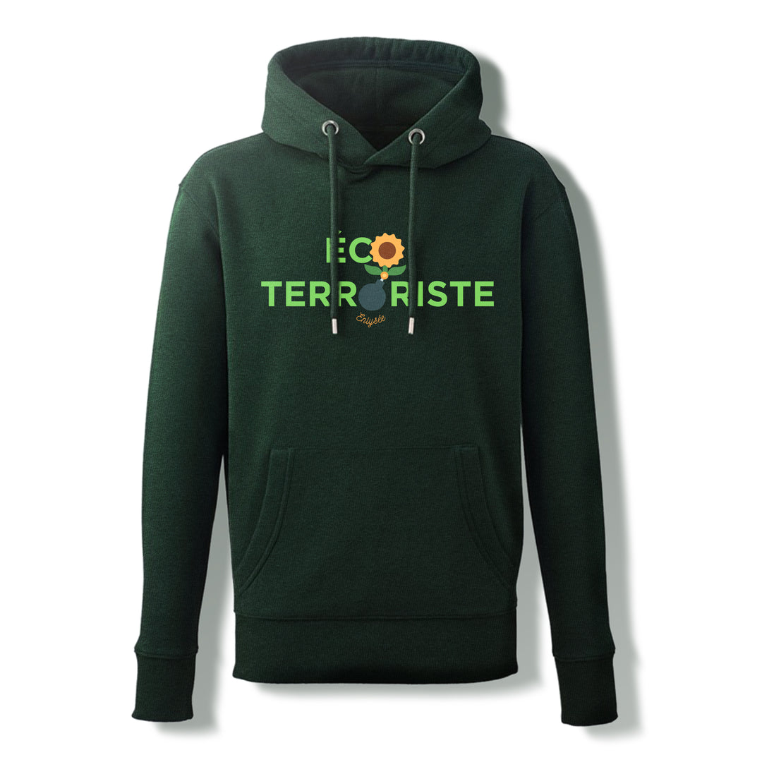 Sweat vert de l'éco-terroriste avec une bombe et une fleur jaune