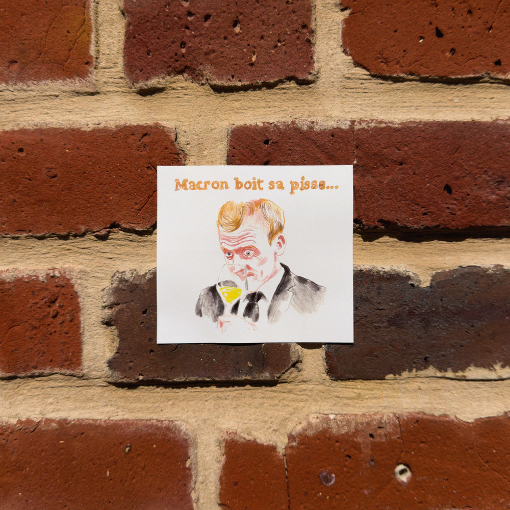 sticker Enlysee "Macron boit sa pisse" collé sur un mur 